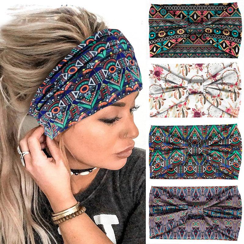 Boho Geometric Pattern Headband Turban Elastic Knotted Hair Band for Women