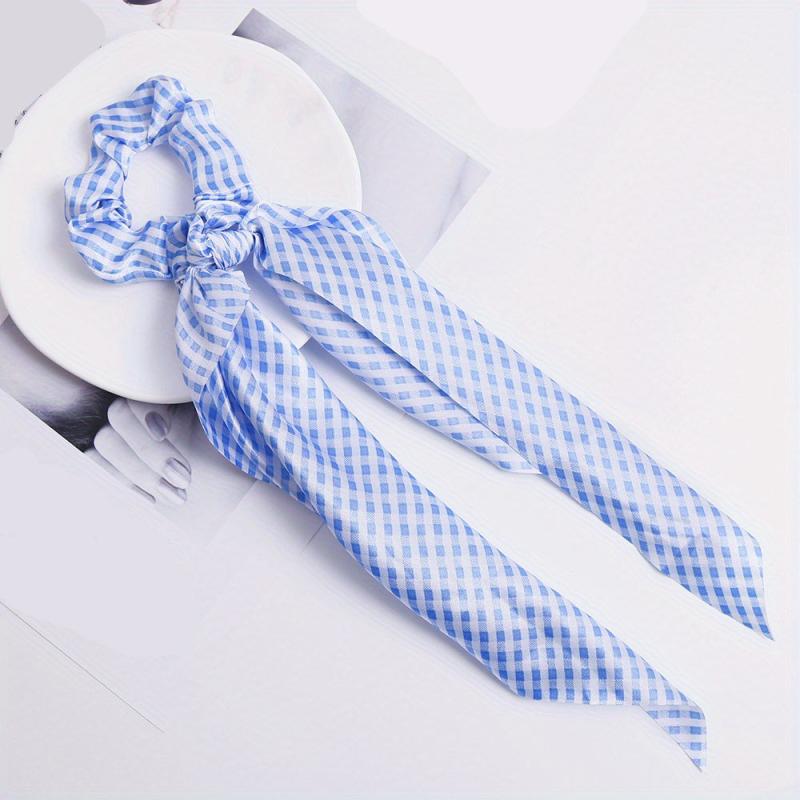 Vintage French Hair Tie Streamer Large Scrunchie Bow Hair Ring Plaid Head Rope