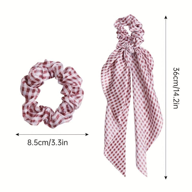 Vintage French Hair Tie Streamer Large Scrunchie Bow Hair Ring Plaid Head Rope