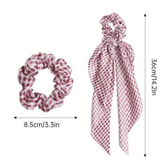 Vintage French Hair Tie Streamer Large Scrunchie Bow Hair Ring Plaid Head Rope