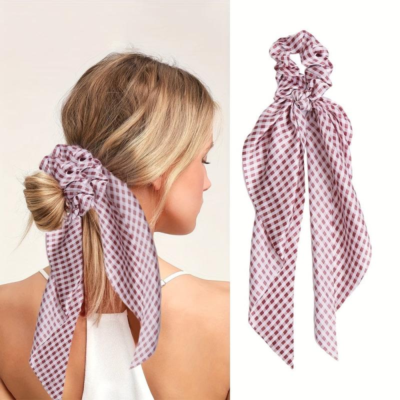 Vintage French Hair Tie Streamer Large Scrunchie Bow Hair Ring Plaid Head Rope