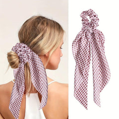 Vintage French Hair Tie Streamer Large Scrunchie Bow Hair Ring Plaid Head Rope