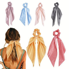 Vintage French Hair Tie Streamer Large Scrunchie Bow Hair Ring Plaid Head Rope