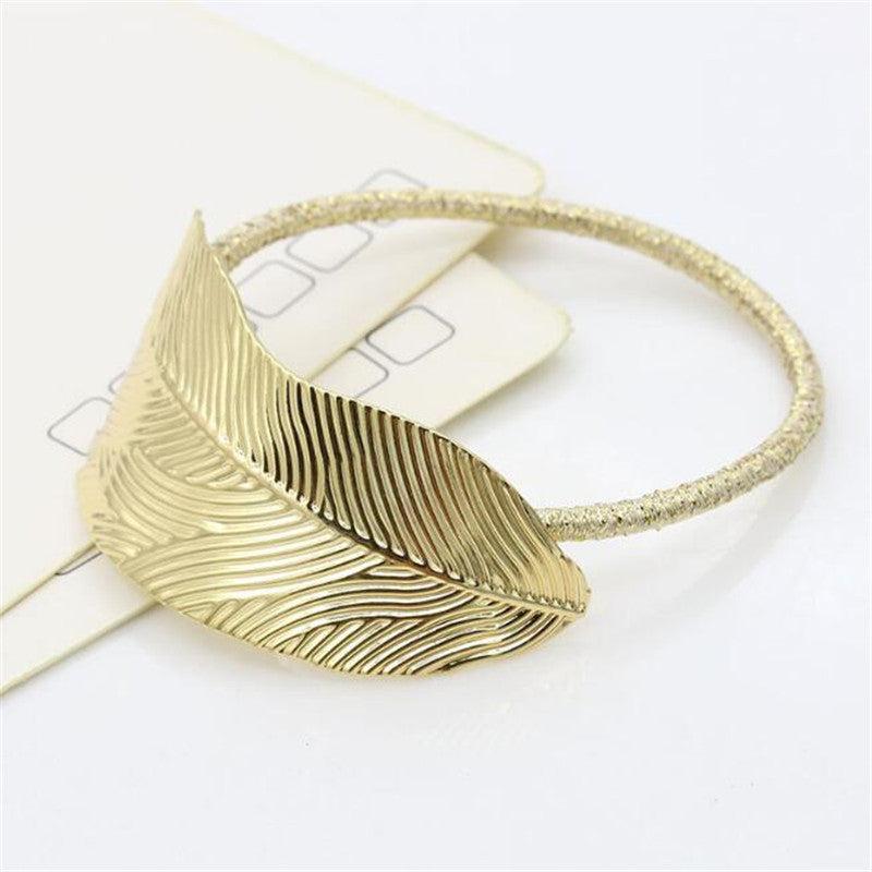 Alloy Feather Leaf Hair Tie Boho Vintage Stretchy Rubber Bands Ponytail Holder