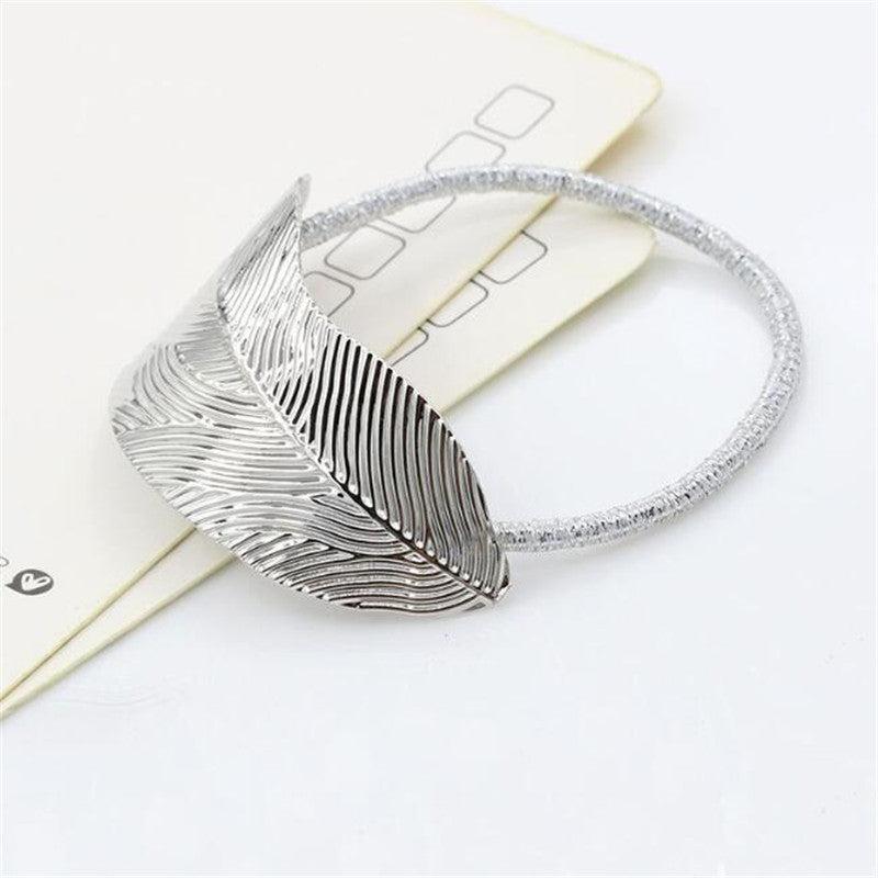 Alloy Feather Leaf Hair Tie Boho Vintage Stretchy Rubber Bands Ponytail Holder