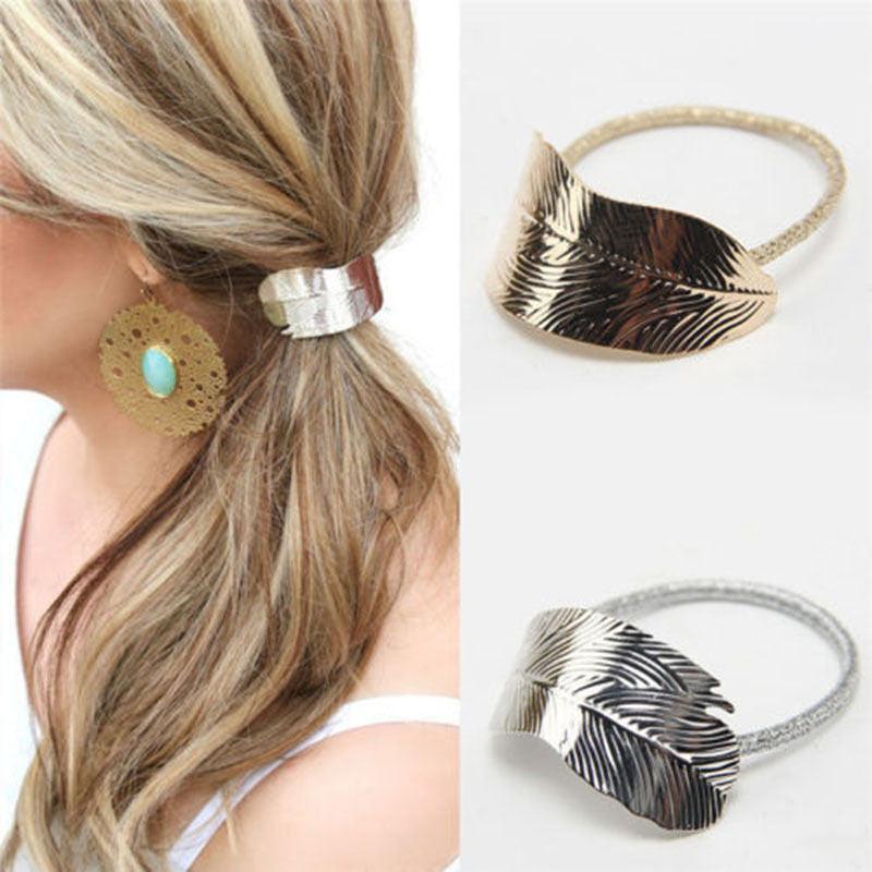 Alloy Feather Leaf Hair Tie Boho Vintage Stretchy Rubber Bands Ponytail Holder