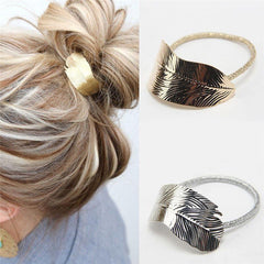 Alloy Feather Leaf Hair Tie Boho Vintage Stretchy Rubber Bands Ponytail Holder