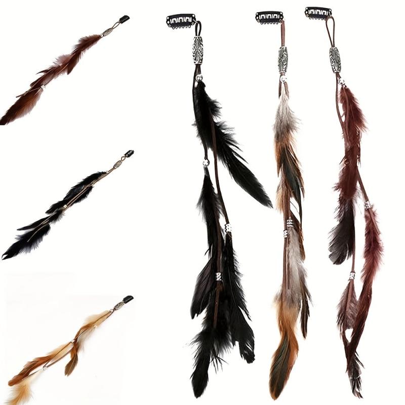 Boho Style Faux Feather Snap Clip Tassel Hair Clip Beaded Headdress