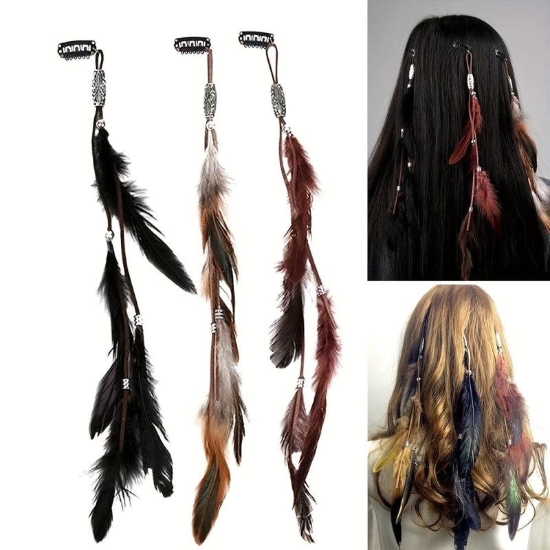 Boho Style Faux Feather Snap Clip Tassel Hair Clip Beaded Headdress