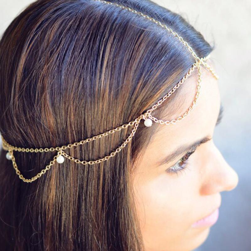 Boho Wave Tassel Chain Faux Pearl Hairband for Party Wedding