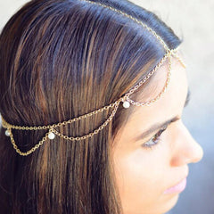 Boho Wave Tassel Chain Faux Pearl Hairband for Party Wedding