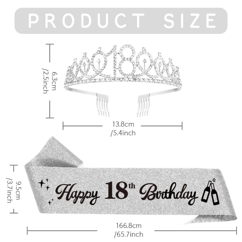 18th Bday Crown & Sash Tiara Head Jewelry Set for Party