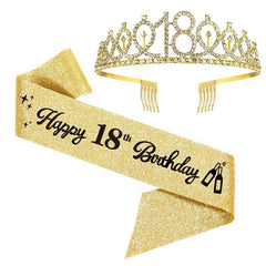 18th Bday Crown & Sash Tiara Head Jewelry Set for Party