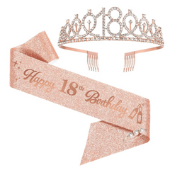 18th Bday Crown & Sash Tiara Head Jewelry Set for Party