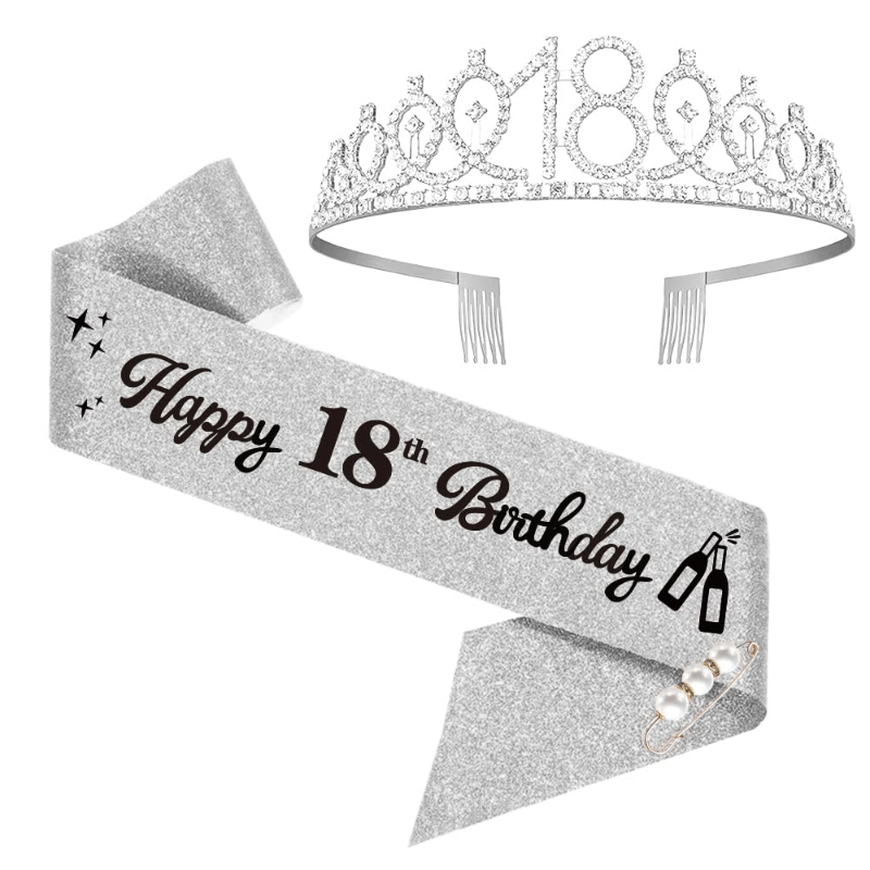 18th Bday Crown & Sash Tiara Head Jewelry Set for Party
