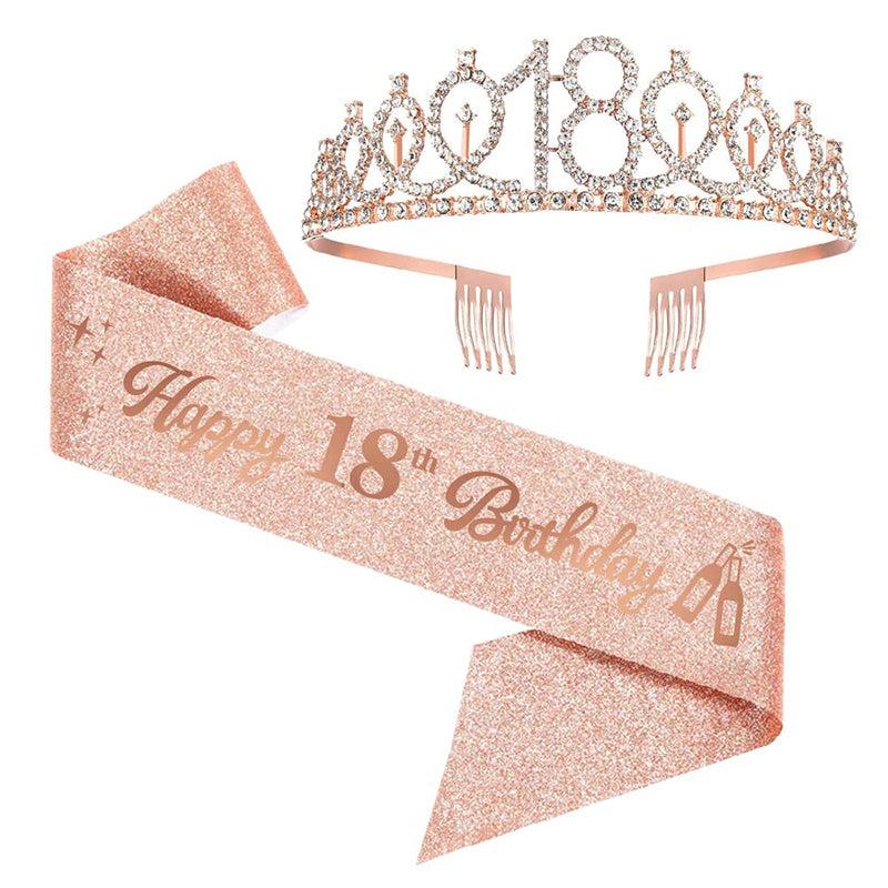 18th Bday Crown & Sash Tiara Head Jewelry Set for Party