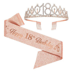 18th Bday Crown & Sash Tiara Head Jewelry Set for Party