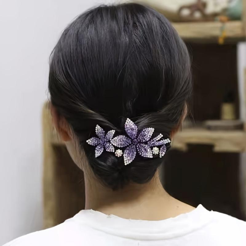 Vintage Rhinestone Flower Hair Clip Ponytail Holder