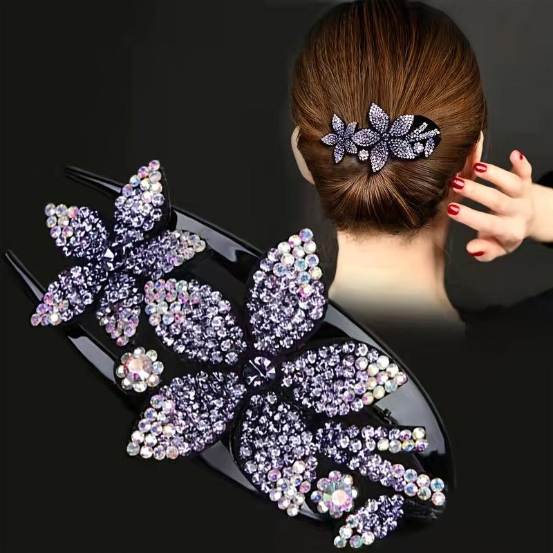 Vintage Rhinestone Flower Hair Clip Ponytail Holder