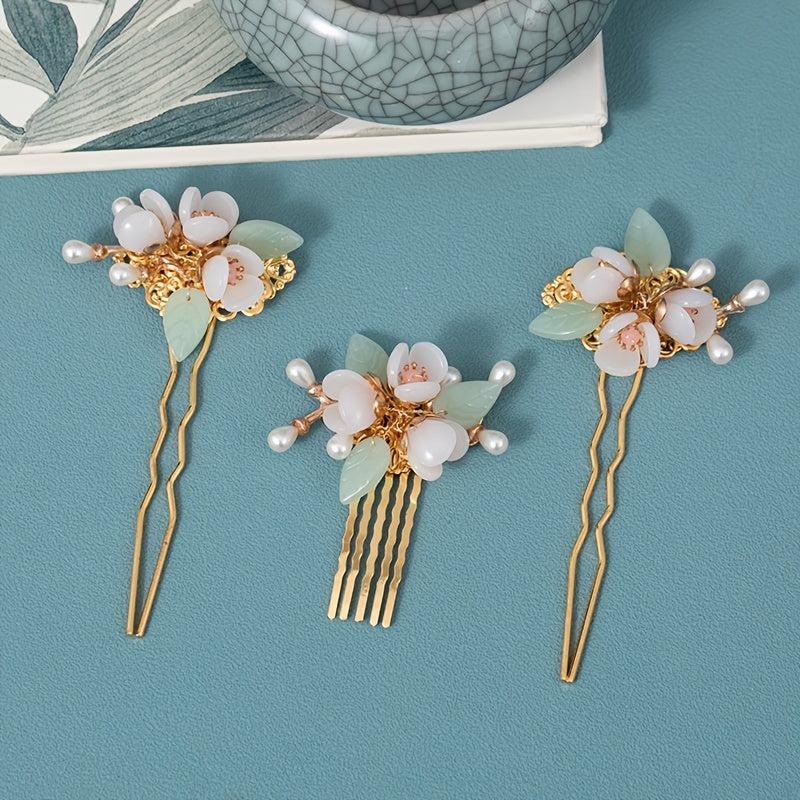 Vintage Faux Pearl Flower Hair Clip U Shaped Hairpin