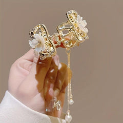 Rhinestone Flower Hair Claw with Faux Pearl Tassel Ponytail Claw Pendant
