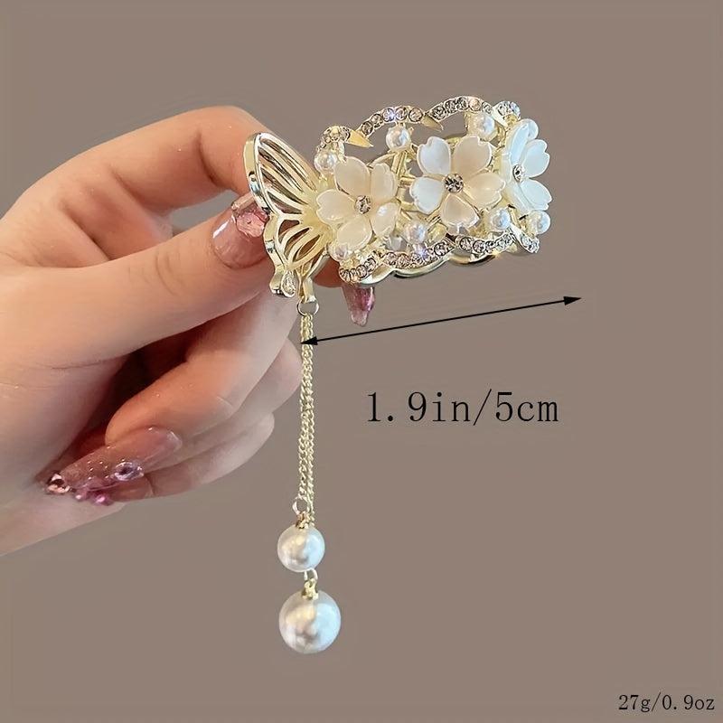 Rhinestone Flower Hair Claw with Faux Pearl Tassel Ponytail Claw Pendant