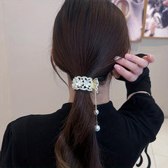 Rhinestone Flower Hair Claw with Faux Pearl Tassel Ponytail Claw Pendant