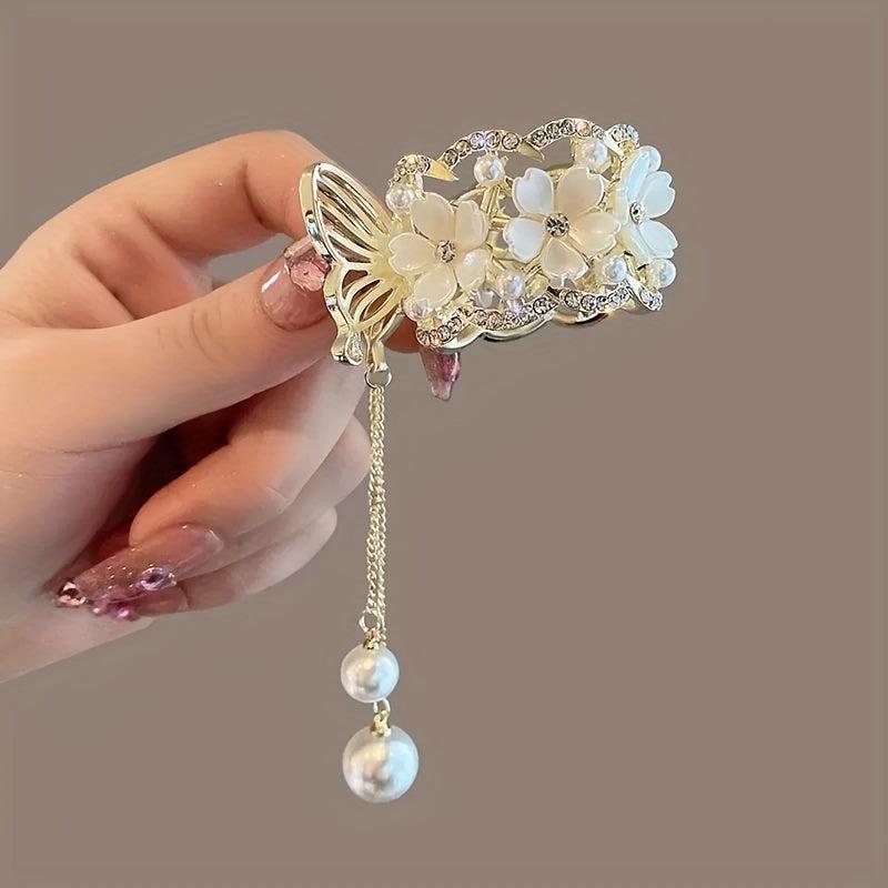 Rhinestone Flower Hair Claw with Faux Pearl Tassel Ponytail Claw Pendant