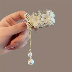 Rhinestone Flower Hair Claw with Faux Pearl Tassel Ponytail Claw Pendant