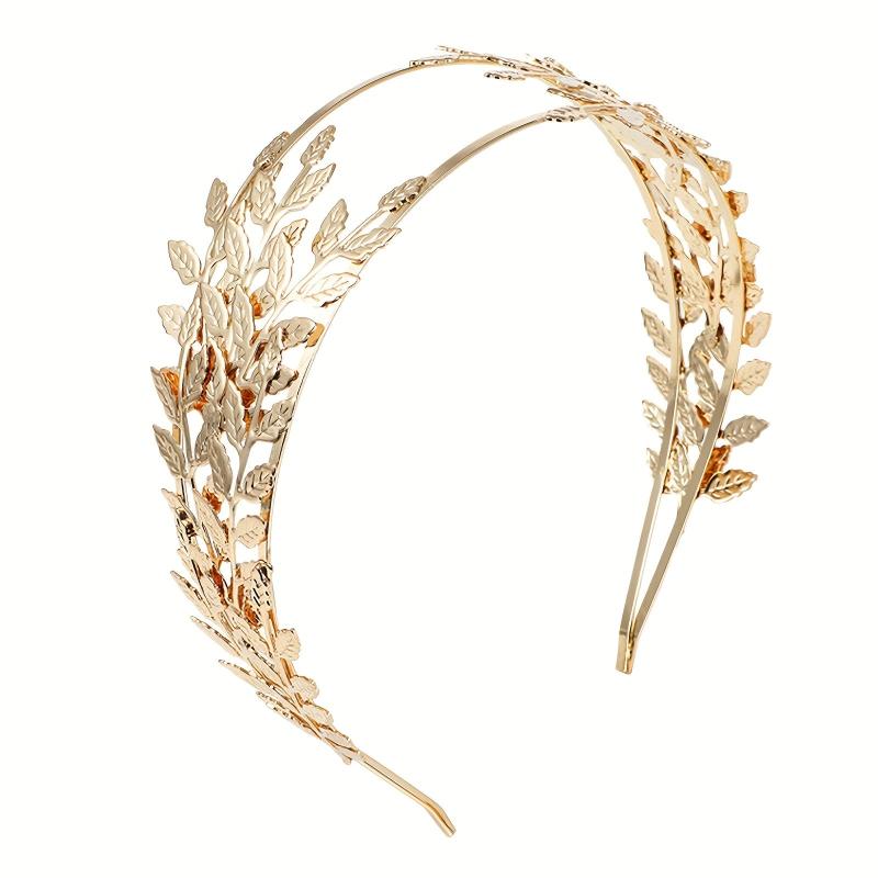 Golden Alloy Leaves Tiara Headband Hair Hoop for Daily Weeding Party Use