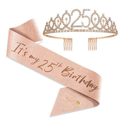Birthday Queen Crown & Satin Sash Set Rhinestone Tiara With Comb