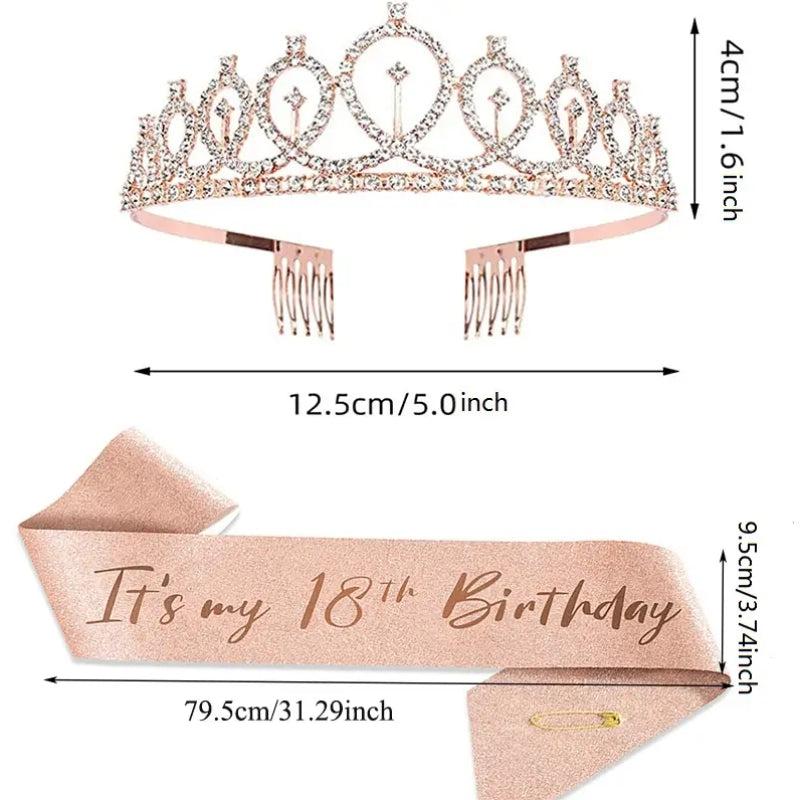 Birthday Queen Crown & Satin Sash Set Rhinestone Tiara With Comb