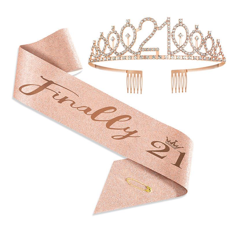 Birthday Queen Crown & Satin Sash Set Rhinestone Tiara With Comb