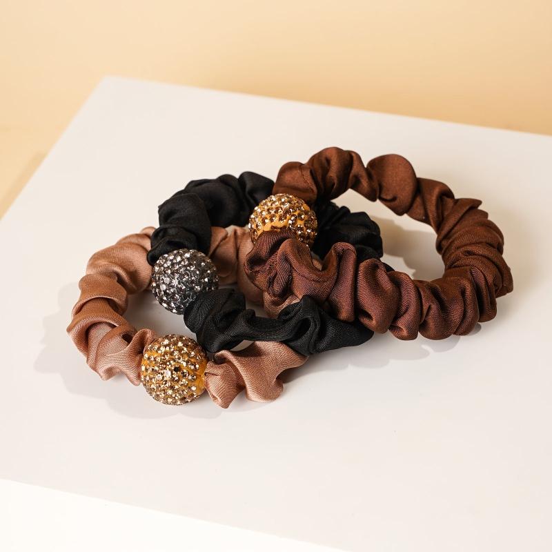 3pcs Rhinestone Hair Ties For Thick Hair - Silky Seamless Hair Scrunchies