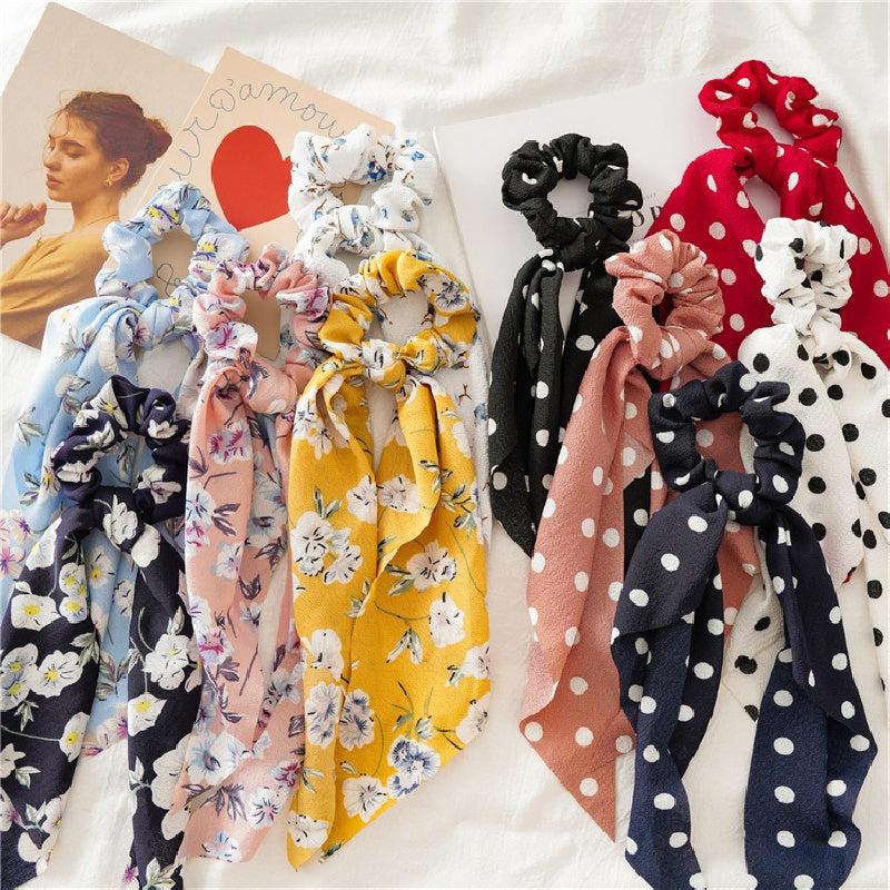 Floral Hair Scrunchies Ribbon Ponytail Streamers Bow Headwear