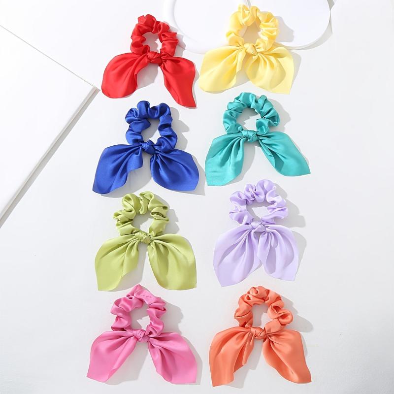 Solid Bow Scrunchies Ponytail Holder With Tail Rabbit Bunny Ear Bowknot Hair Acc