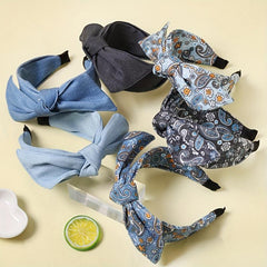 Boho Denim Headband Bow Knotted Hair Hoop Wide Headdress Retro Hair Accessory