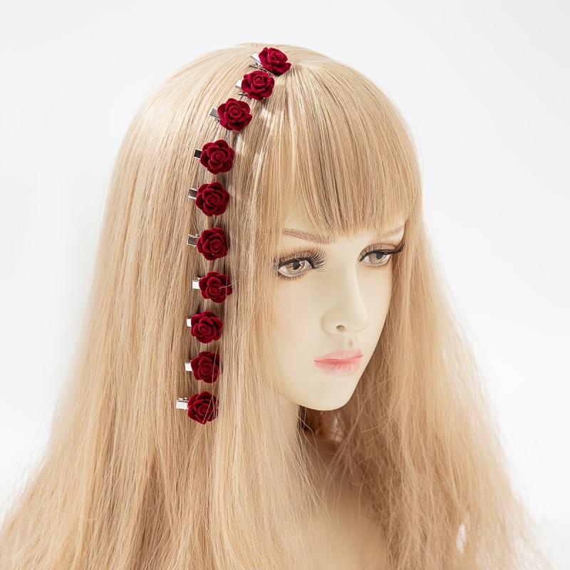 10pcs Romantic Red Rose Flower Hair Clip Barrette For Women