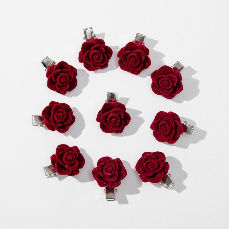 10pcs Romantic Red Rose Flower Hair Clip Barrette For Women