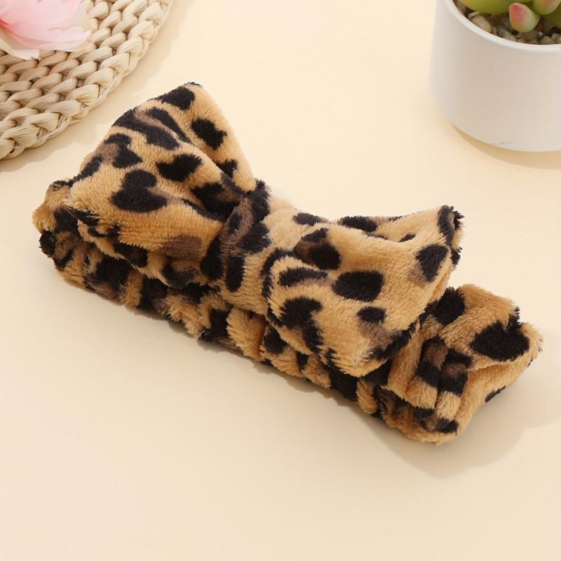 Leopard Plush Bow Headband Stretchy Headdress for Women