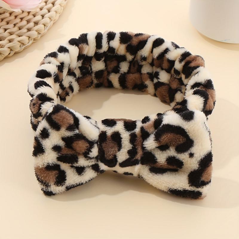 Leopard Plush Bow Headband Stretchy Headdress for Women