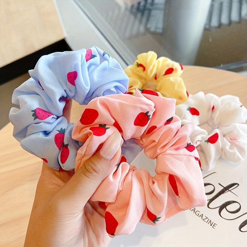 4pcs Strawberry Print Scrunchies Hair Tie Candy Hair Rope Hair Ring Style