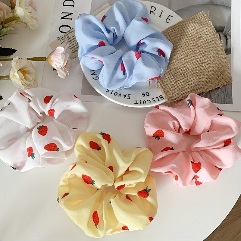 4pcs Strawberry Print Scrunchies Hair Tie Candy Hair Rope Hair Ring Style