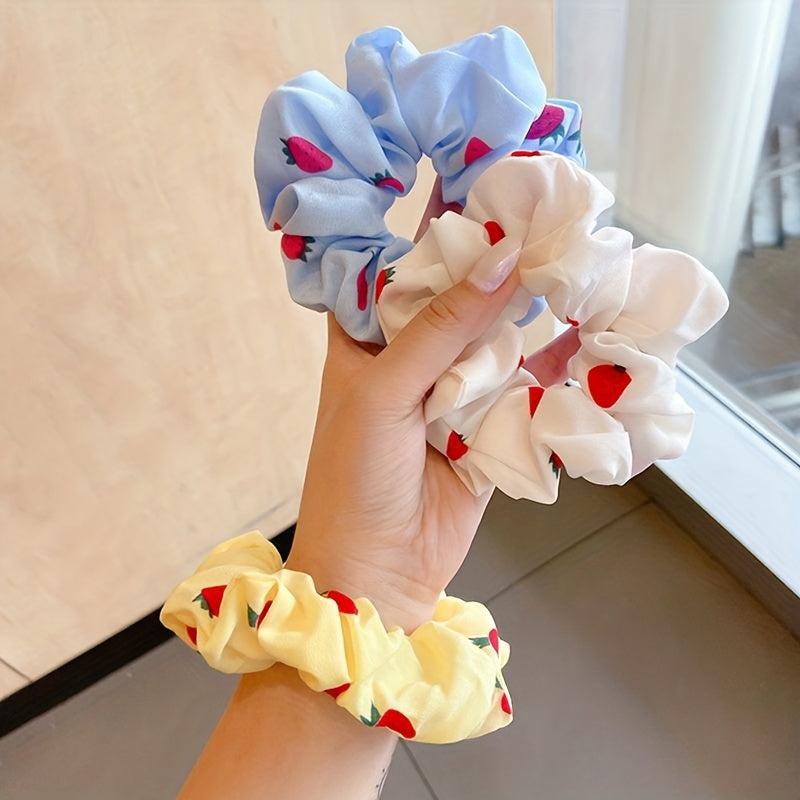 4pcs Strawberry Print Scrunchies Hair Tie Candy Hair Rope Hair Ring Style
