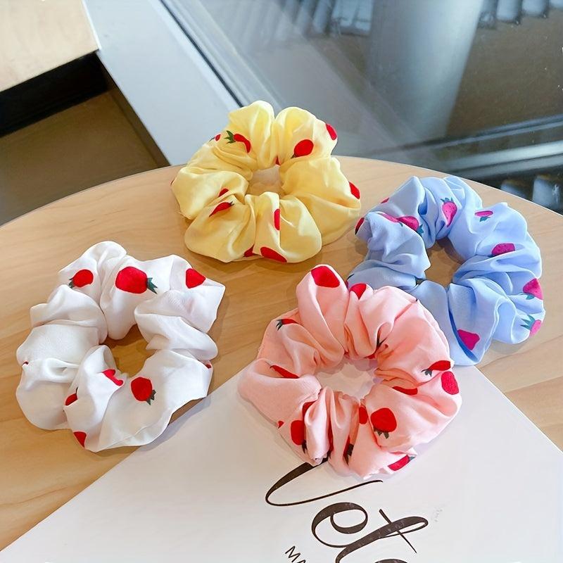 4pcs Strawberry Print Scrunchies Hair Tie Candy Hair Rope Hair Ring Style