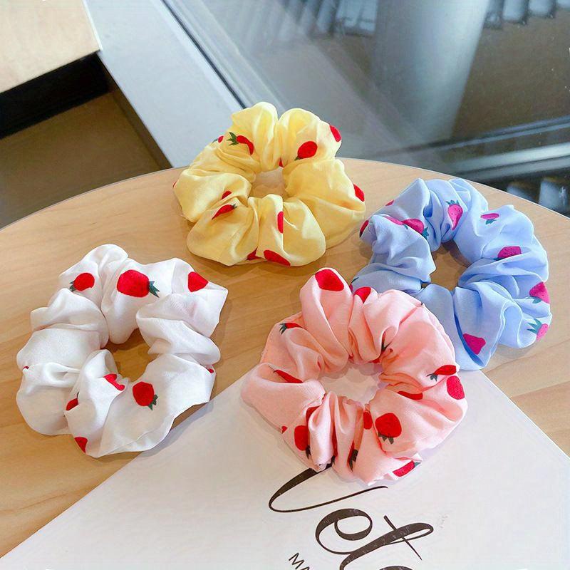 4pcs Strawberry Print Scrunchies Hair Tie Candy Hair Rope Hair Ring Style