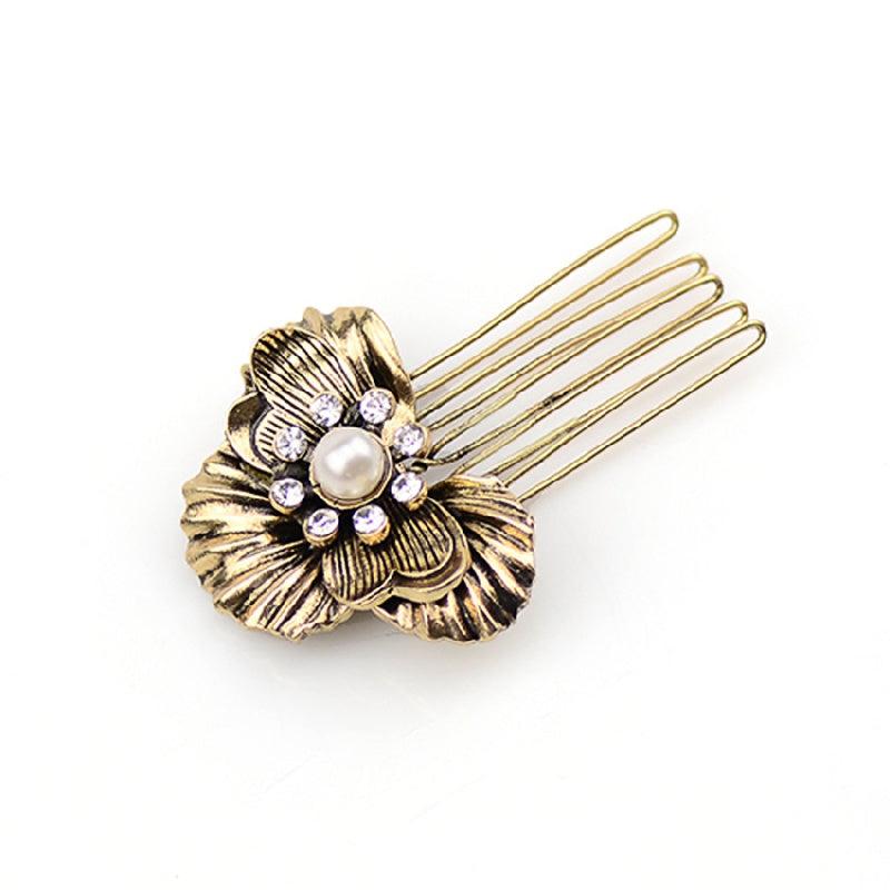 Metal Flower Hair Comb Rhinestone Hair Comb Vintage Head Jewelry Faux Pearl