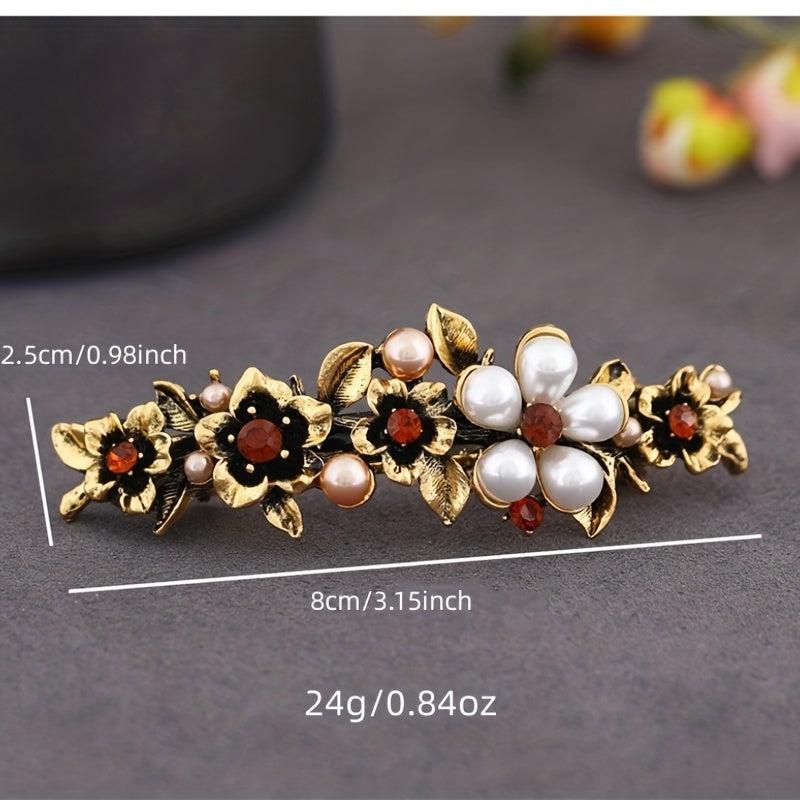 Vintage Metal Flower Hair Clip French Barrette with Faux Pearls
