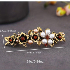 Vintage Metal Flower Hair Clip French Barrette with Faux Pearls