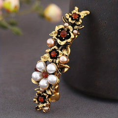 Vintage Metal Flower Hair Clip French Barrette with Faux Pearls